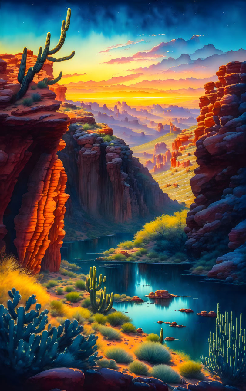 Colorful desert landscape with cliffs, cacti, and water under sunset sky