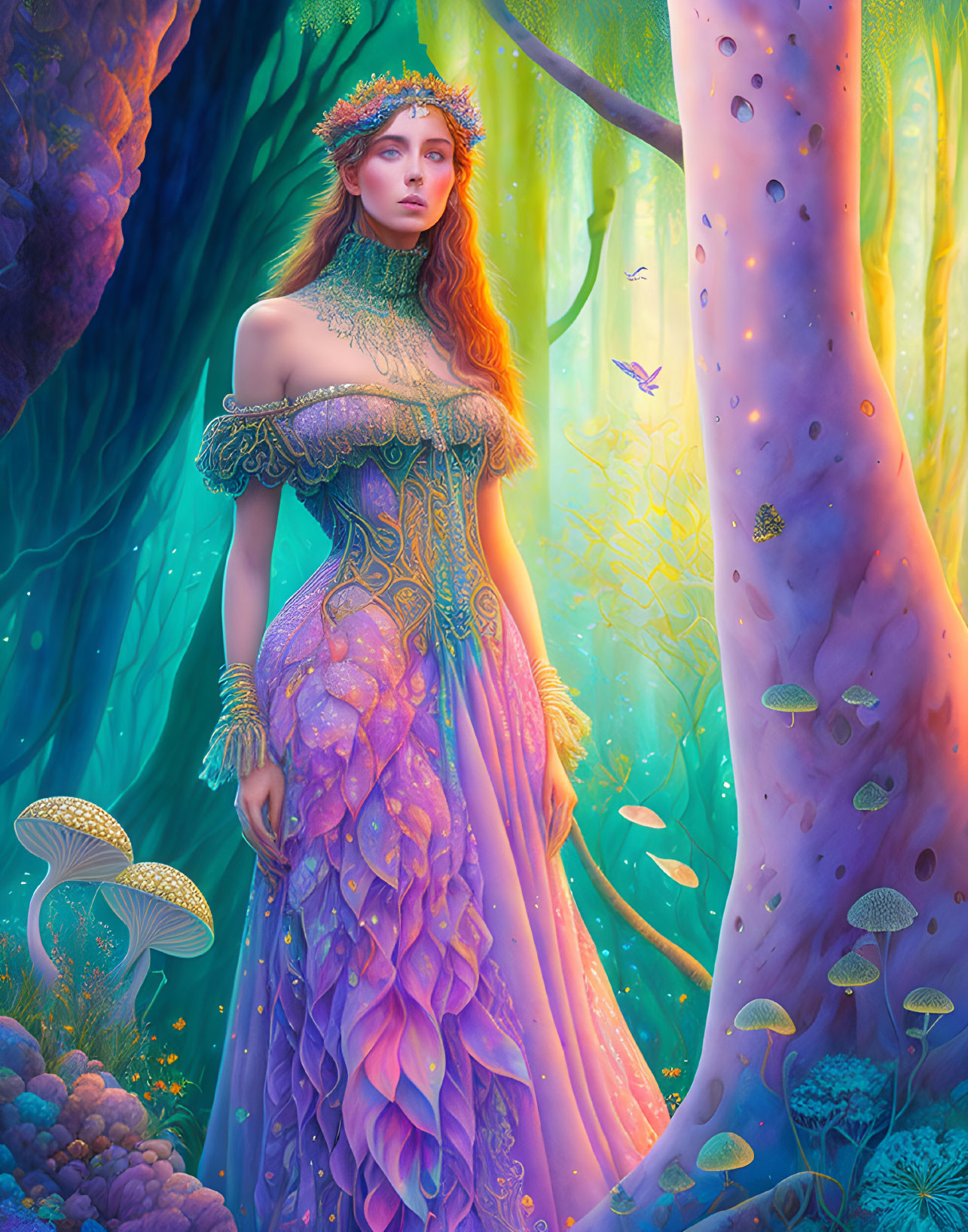 Ethereal woman in detailed purple dress in vibrant fantasy forest