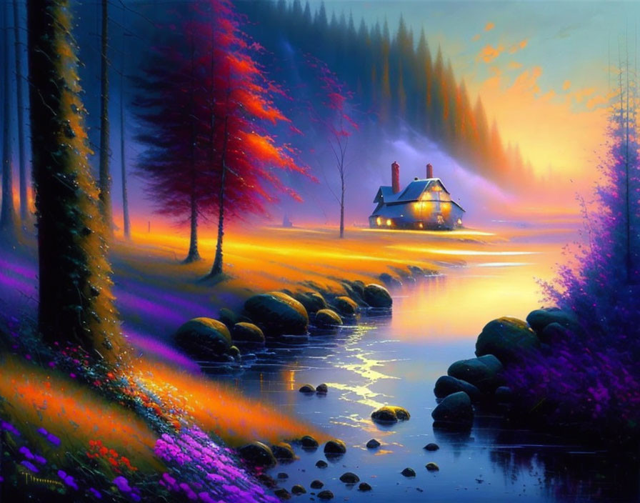 Twilight scene: Secluded house by stream with colorful trees