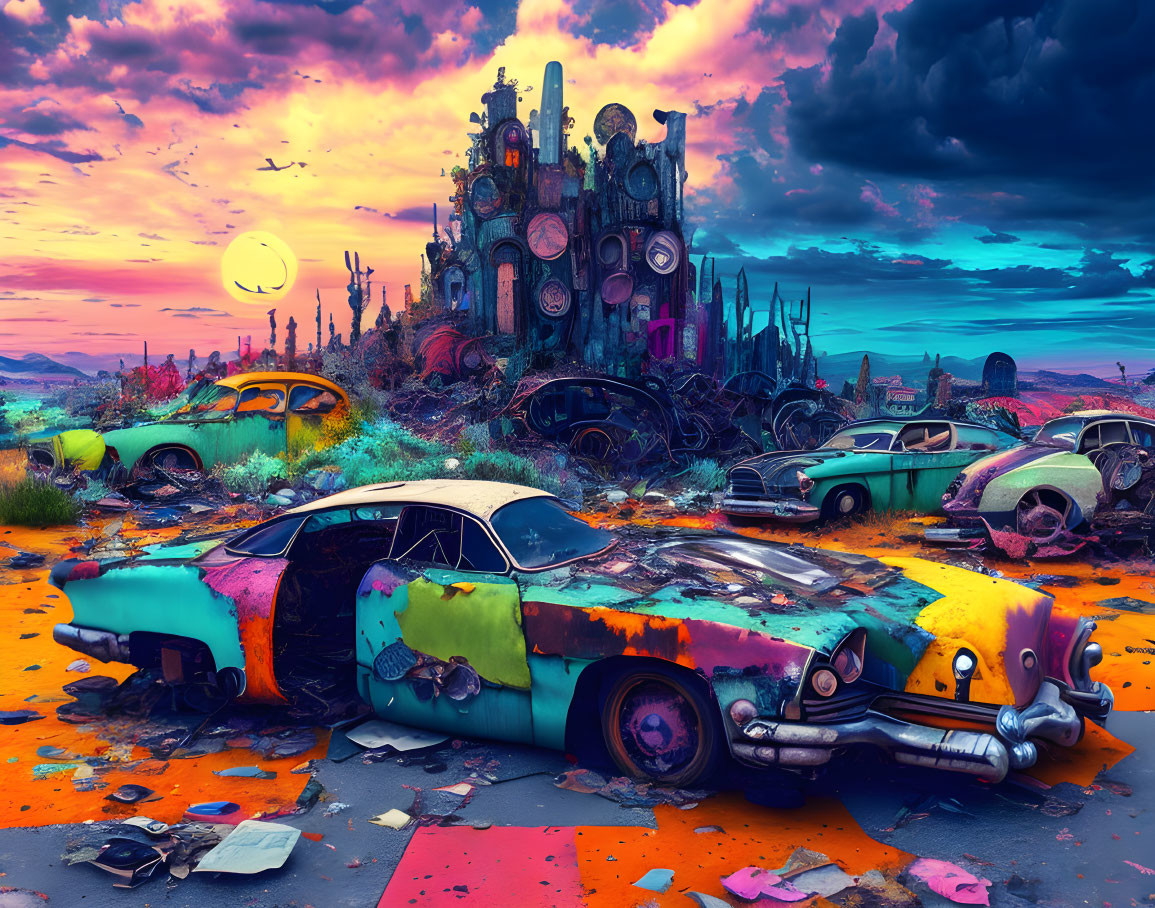 Colorful rusty cars and fantastical clock tower in vibrant post-apocalyptic landscape