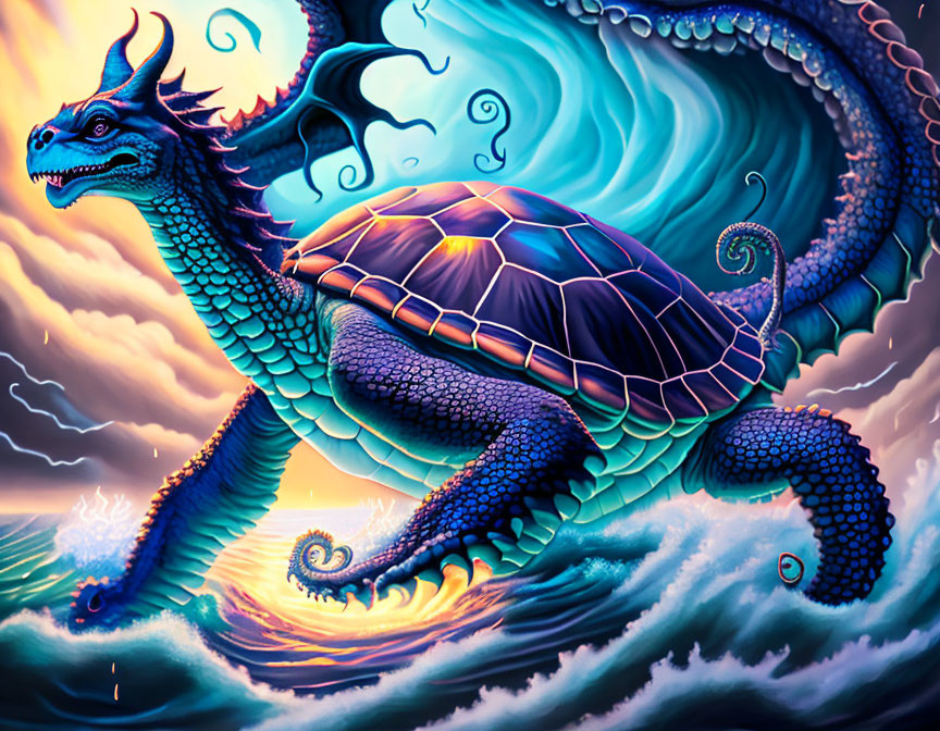 Mythical sea creature with turtle body and dragon head in stormy ocean scene