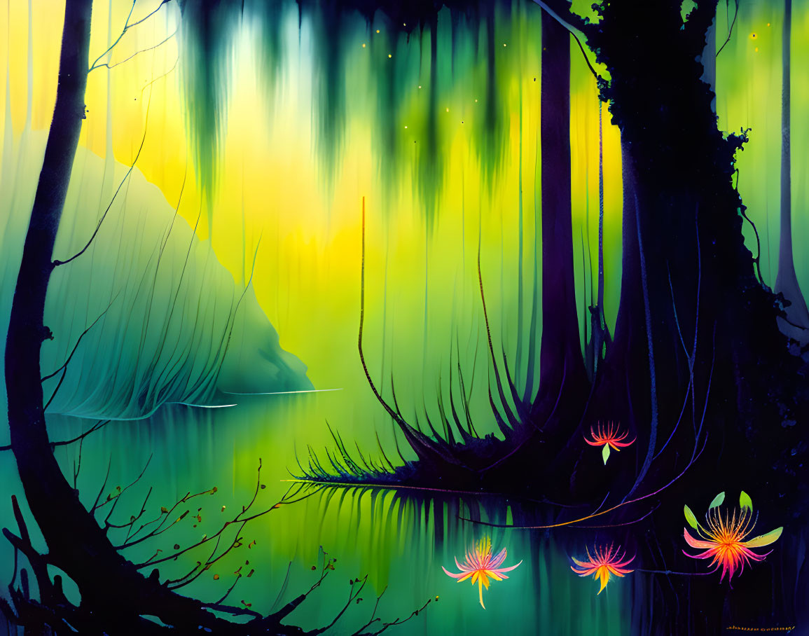 Vibrant Green and Blue Mystical Forest with Glowing Flowers