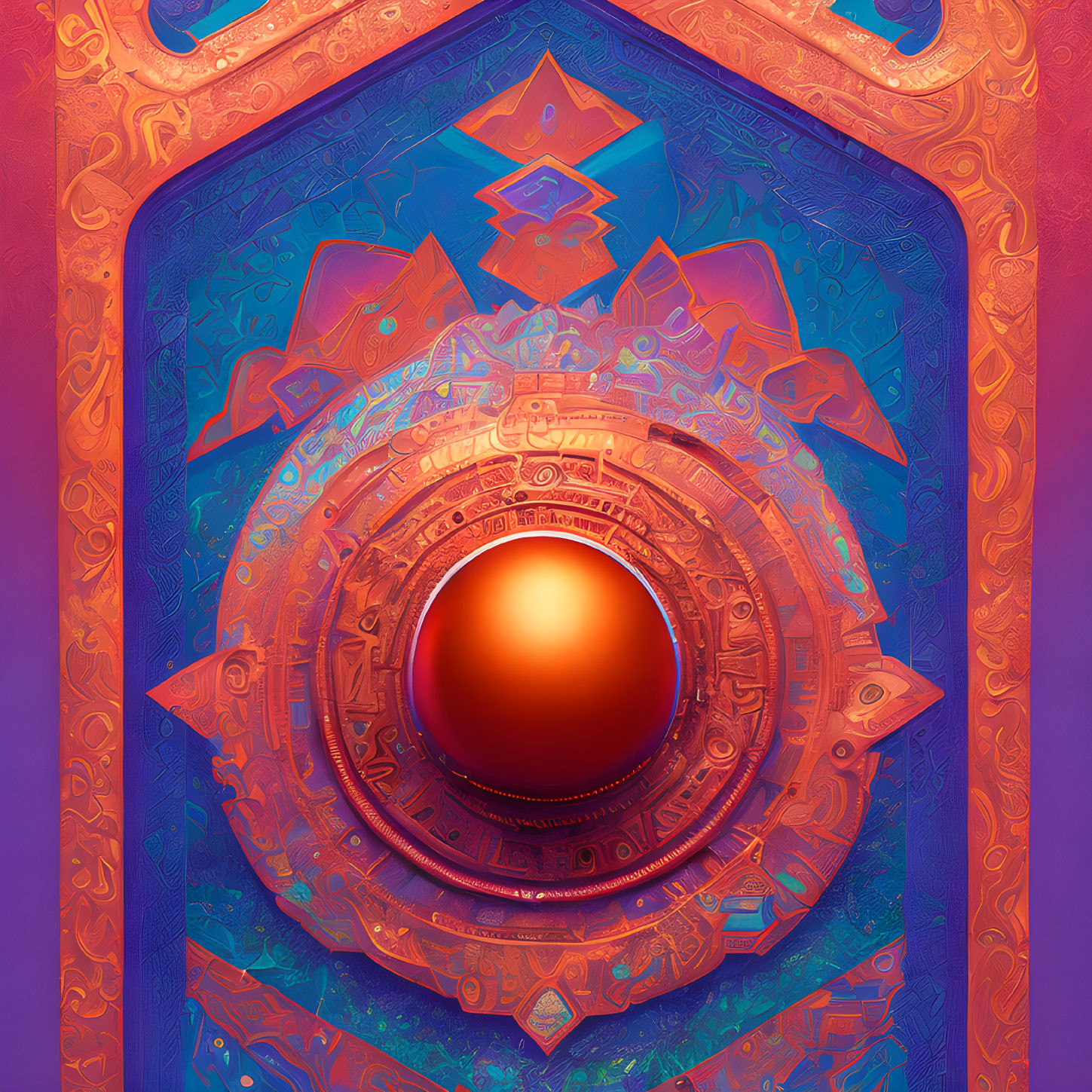 Colorful artwork: Glowing orange sphere with blue and red patterns in ornamental frame