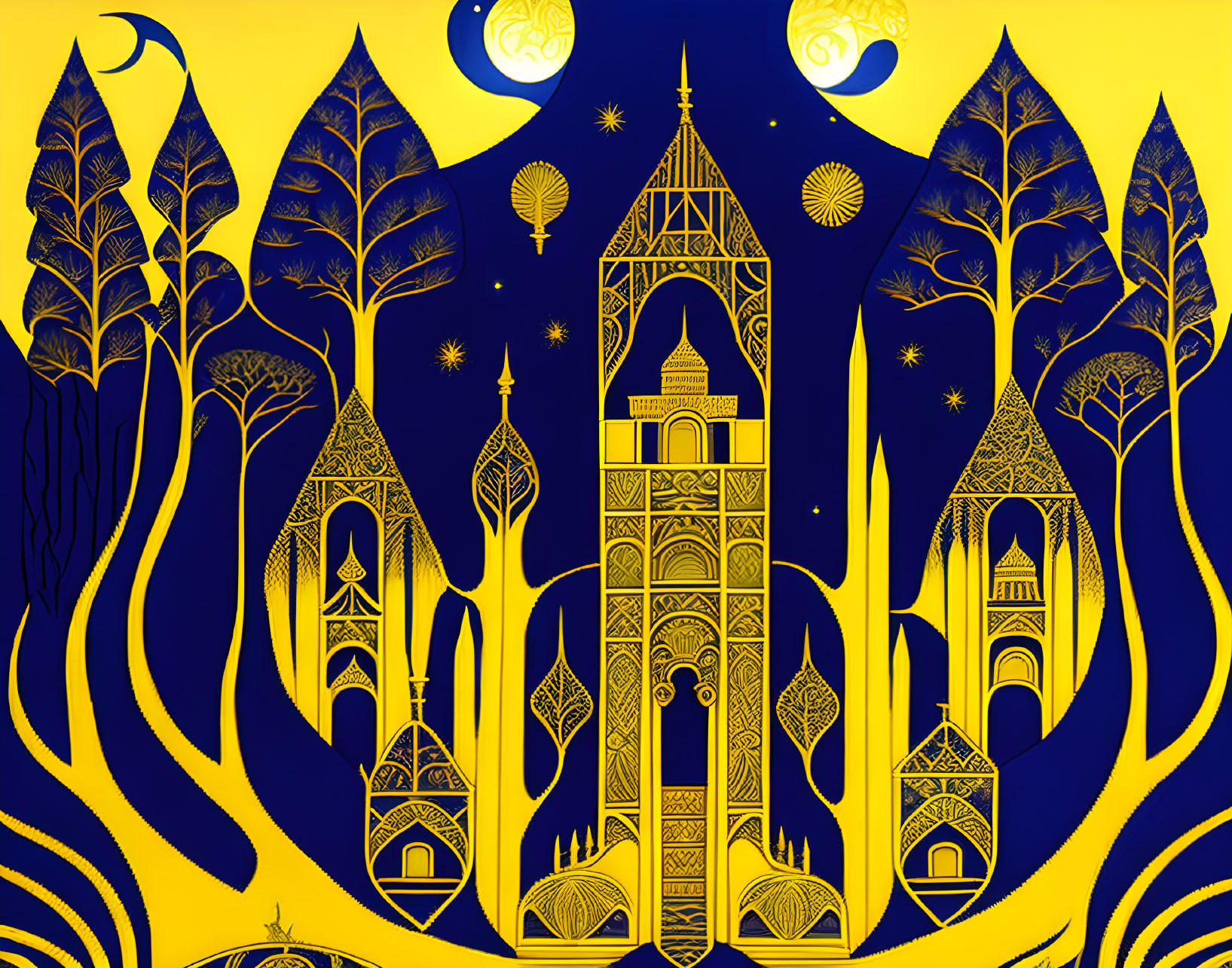 Golden Minarets and Trees on Deep Blue Background with Crescent Moons and Stars