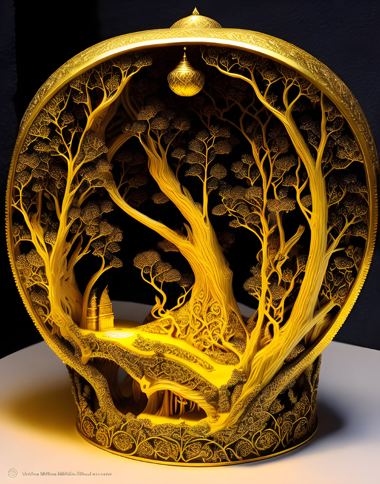 Intricate 3D paper art sculpture of golden trees in circular frame