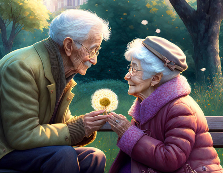 Elderly couple on bench with dandelion in autumn landscape