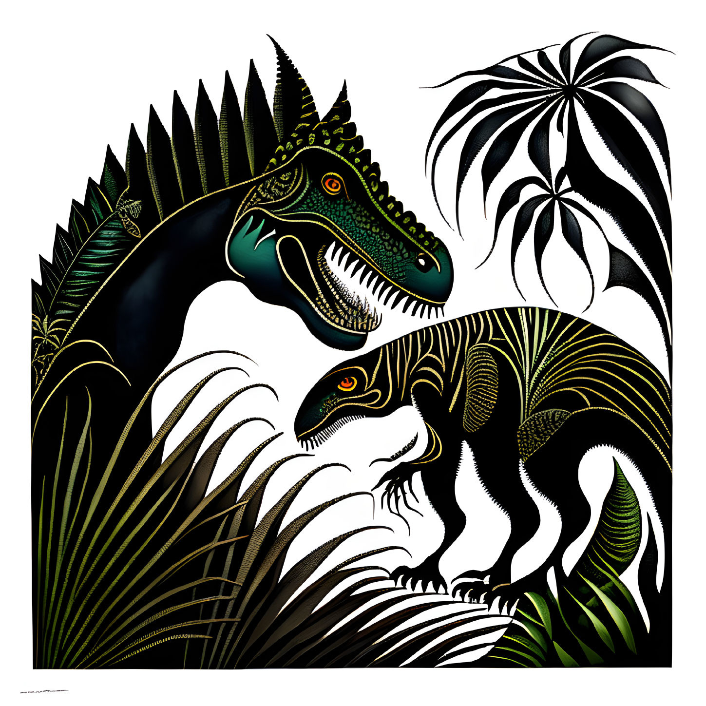 Stylized velociraptors camouflaged in tropical leaves with black and green coloration