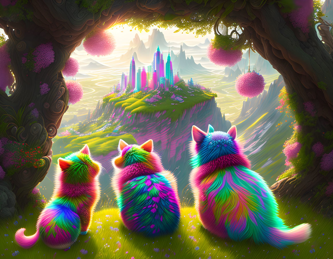 Colorful Cats in Fantasy Landscape with Glowing Castle