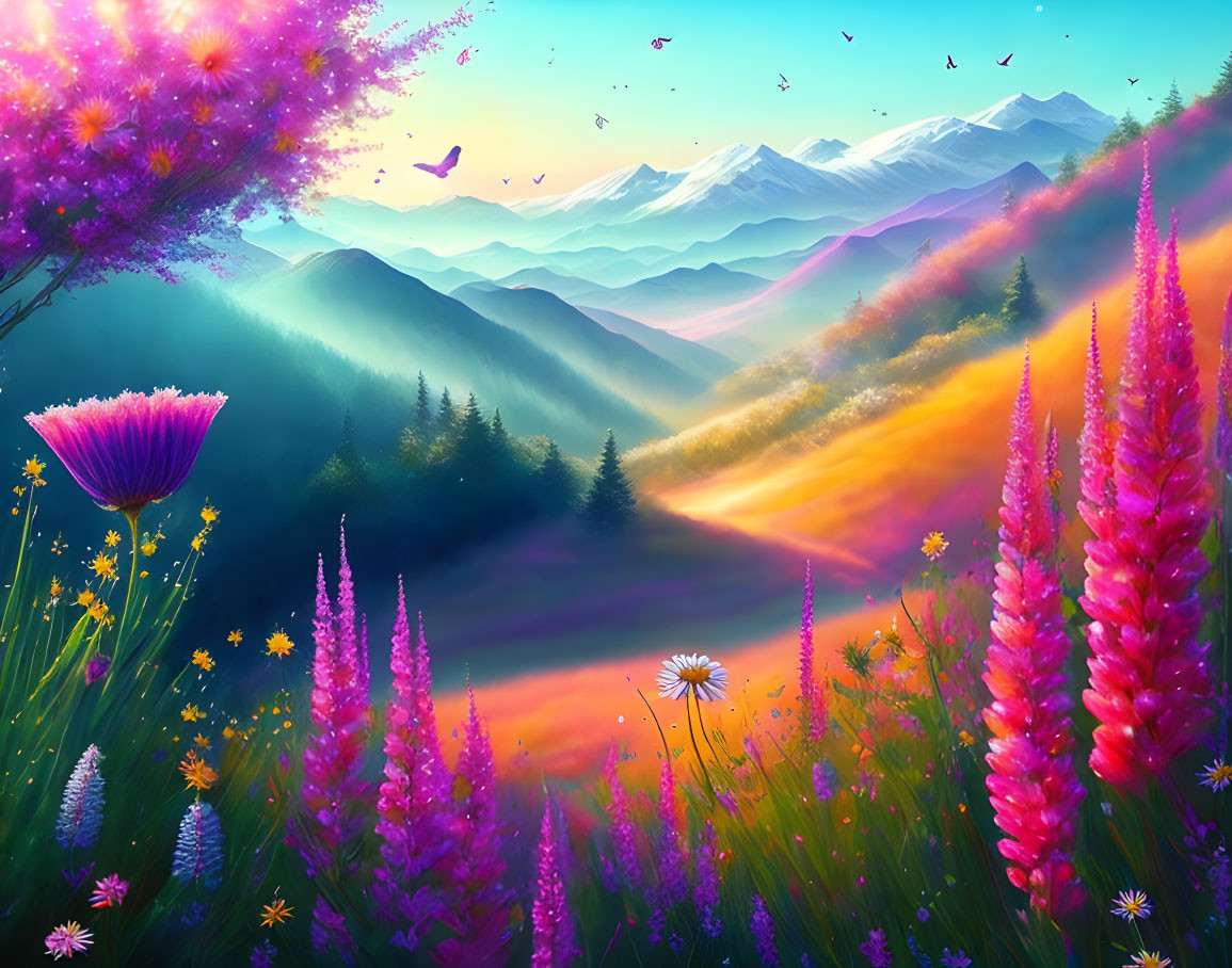 Scenic landscape with blooming flowers, greenery, sunset skies, and mountains