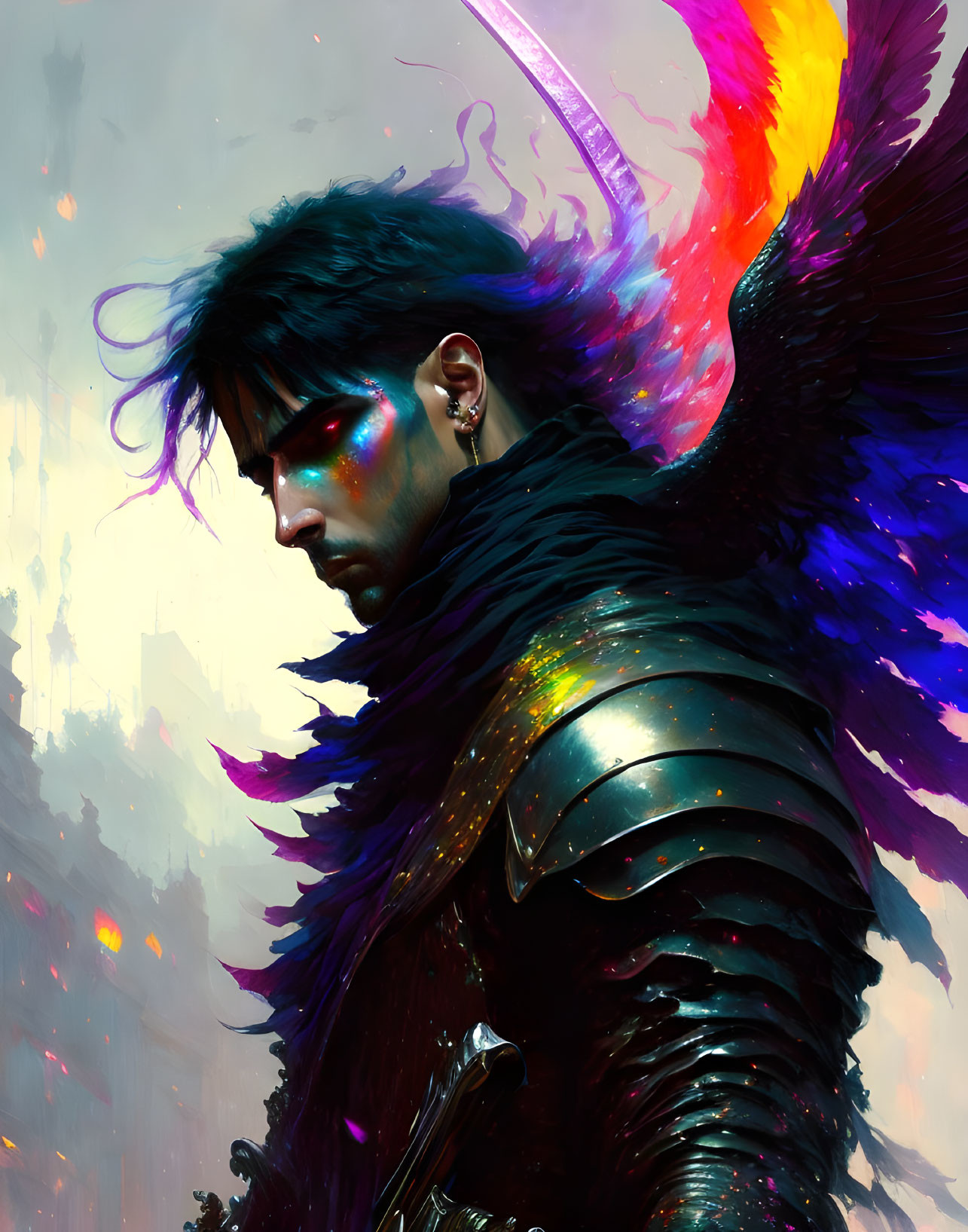 Fantastical warrior with iridescent face paint and rainbow-hued raven wing in dark armor