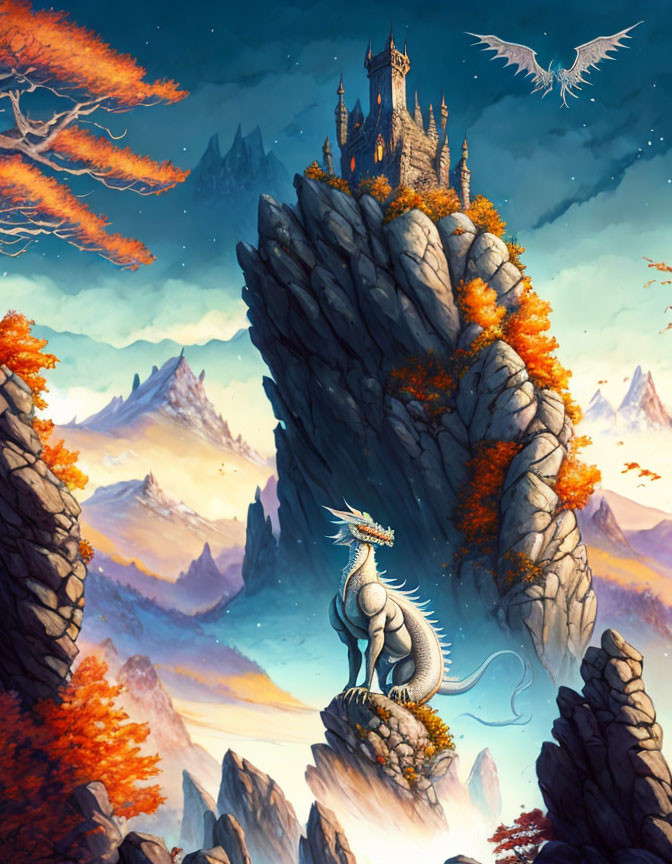 Dragon overlooking autumn landscape with castle in twilight