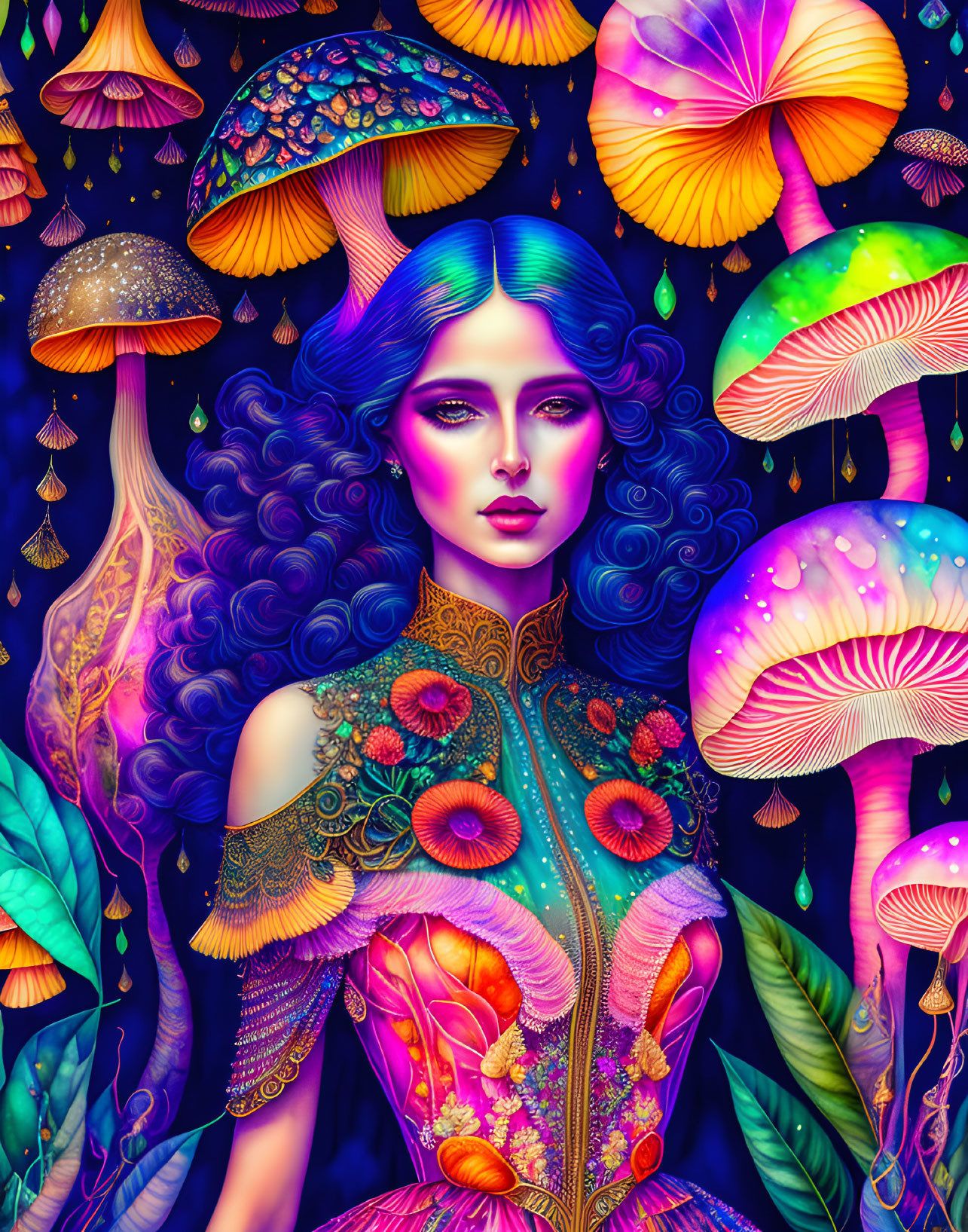 Colorful Digital Illustration: Woman with Blue Hair Among Luminescent Mushrooms