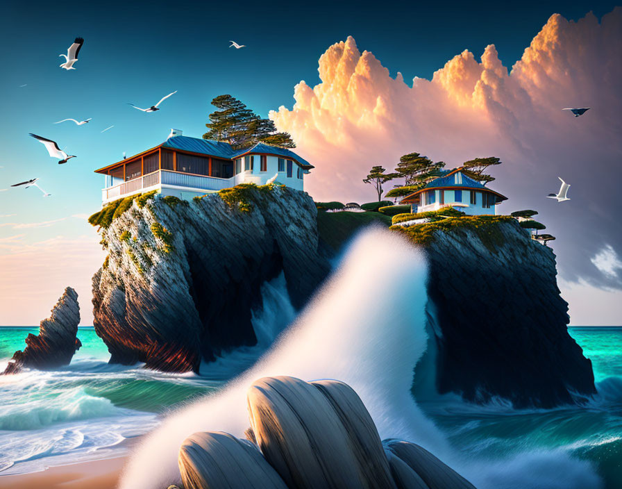 Cliffside modern houses with ocean view, waterfall, birds