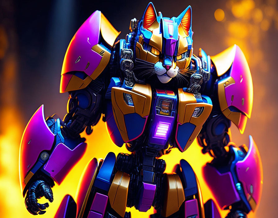 Colorful Robotic Cat with Purple, Gold, and Blue Armor on Fiery Background