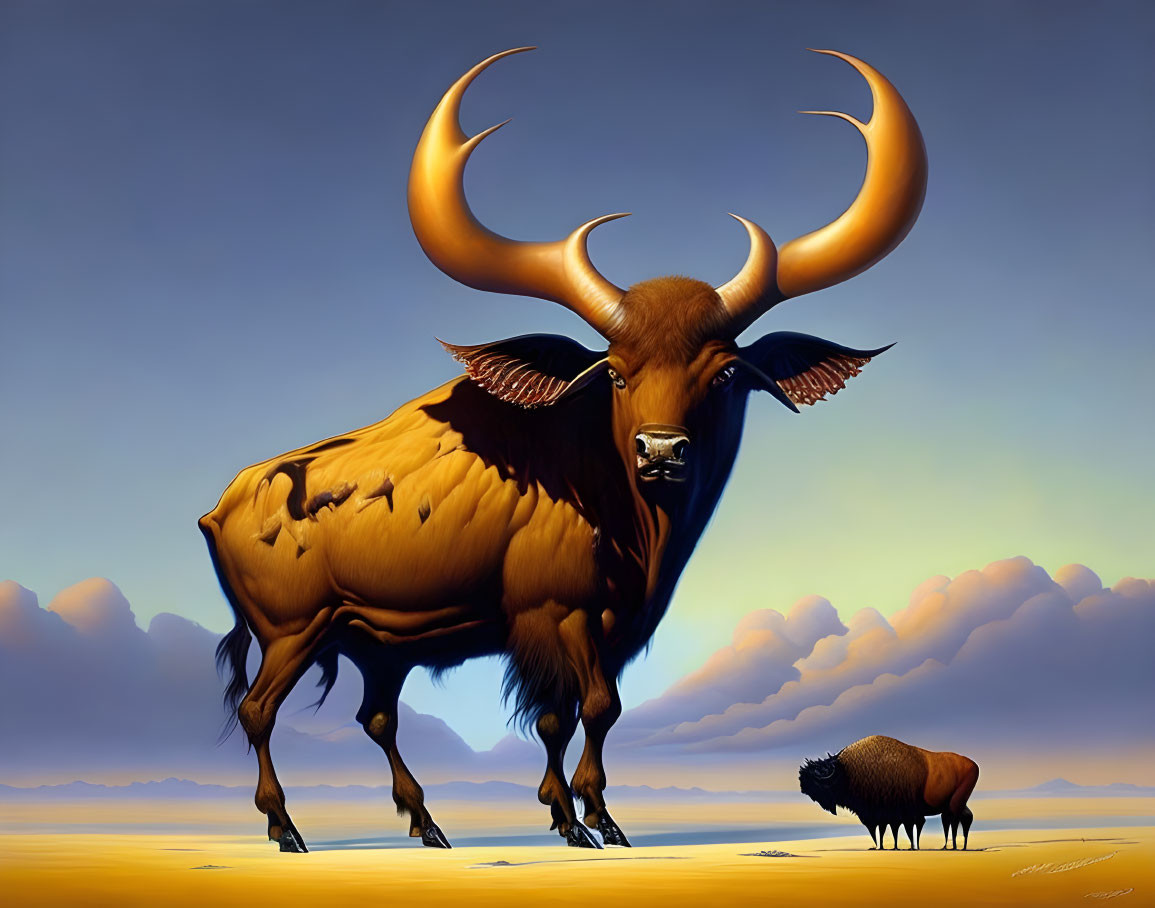 Majestic bull with crescent-shaped horns in desert landscape