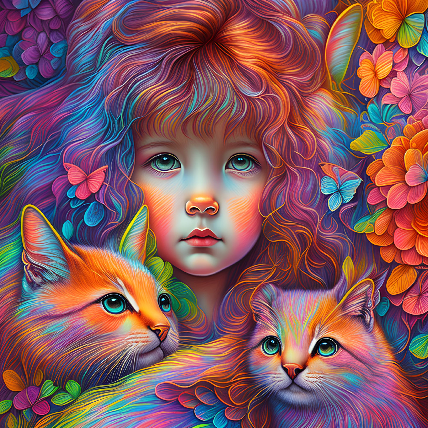 Colorful illustration: Child with expressive eyes, vibrant flora, and fantastical cats