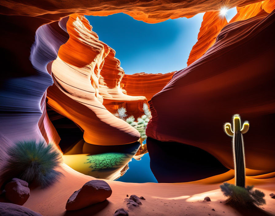 Swirling sandstone canyon under sunlit sky with cacti and brush.