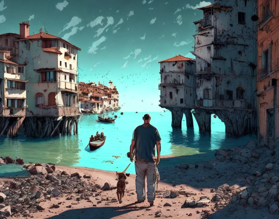 Man walking with dog in ocean-side village under clear blue sky