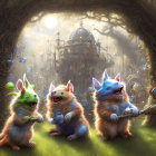 Colorful Cats in Fantasy Landscape with Glowing Castle