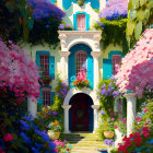 White House with Blue Door and Flowers under Blue Sky