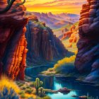 Colorful desert landscape with cliffs, cacti, and water under sunset sky