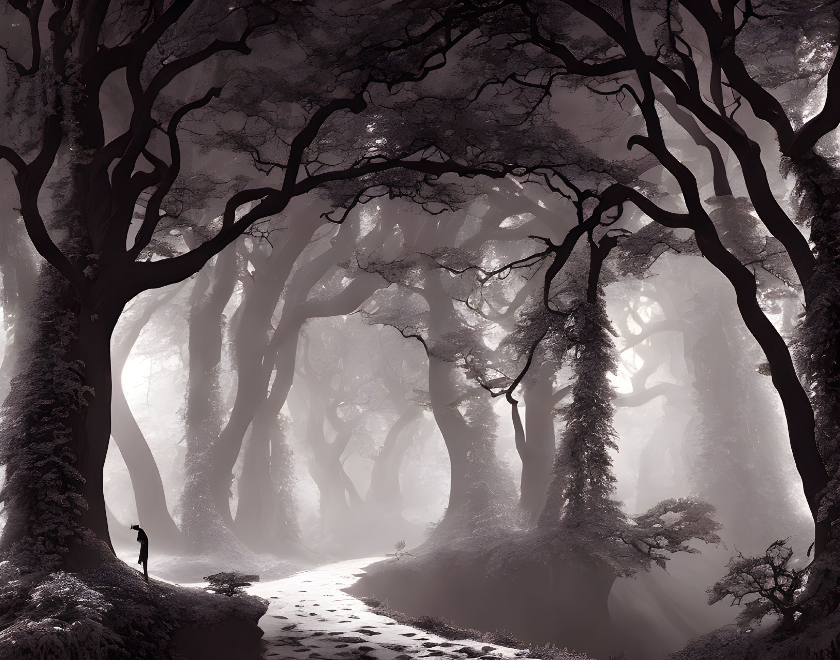 Monochrome misty forest with twisting trees and figure.