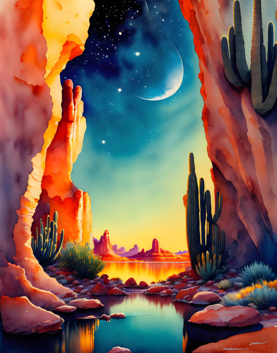 Desert canyon illustration with cacti, river, starry night sky, and crescent moon