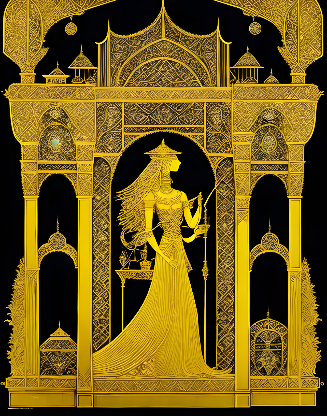 Golden illustration of a woman with balance scale in palatial setting