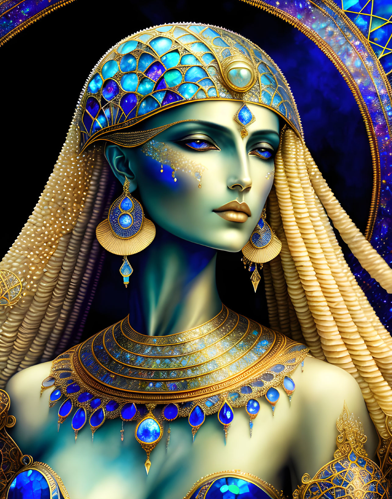 Luxurious Blue and Gold Jewelry on Woman with Blue Skin