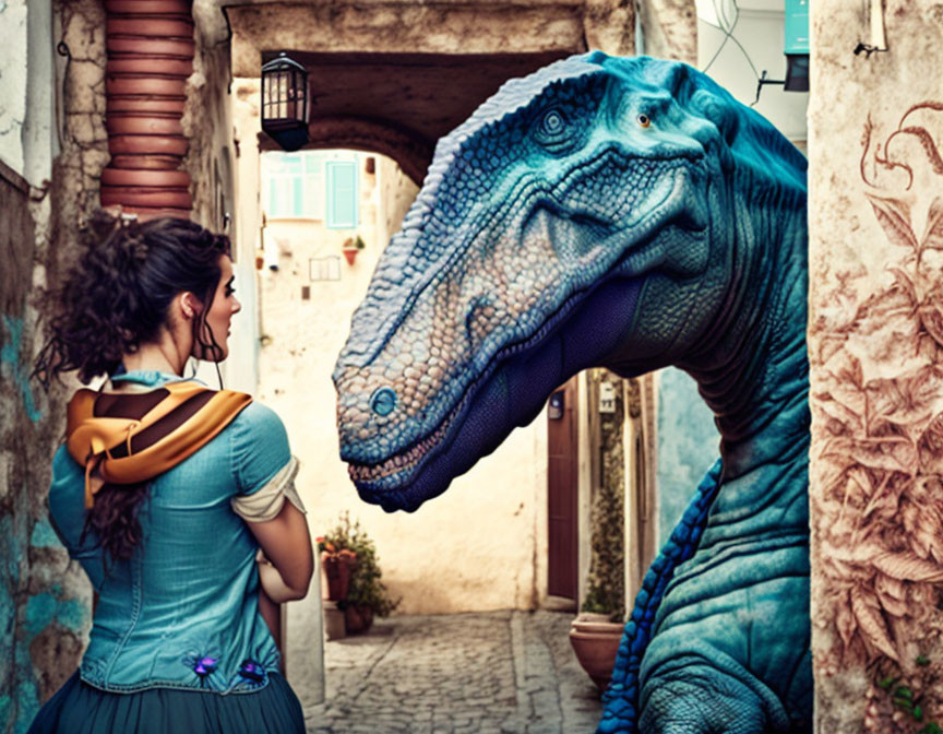 Historical woman in dress encounters CGI dinosaur in old street