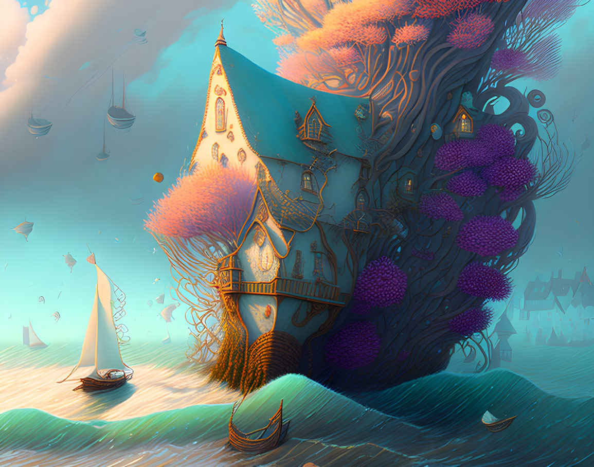 Whimsical treehouse with coral growths, floating islands, boat, misty seascape