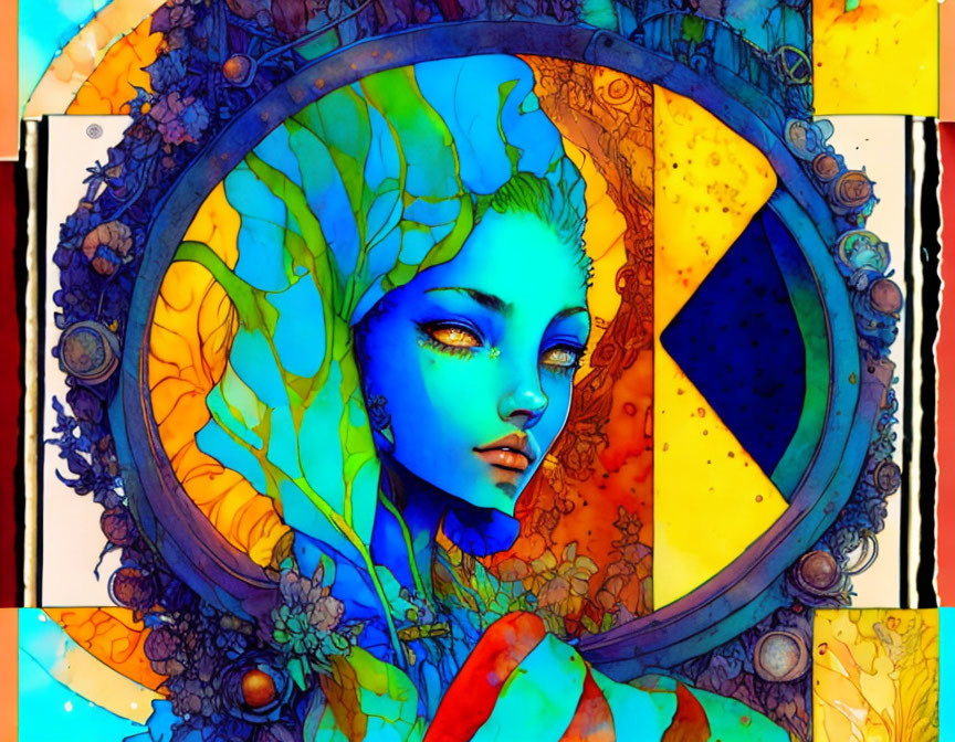 Colorful Artwork of Female Figure with Blue Skin and Circular Patterns