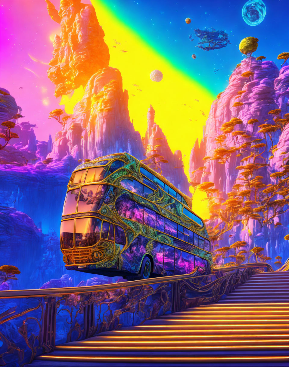 Colorful Psychedelic Bus on Vibrant Alien Landscape with Multiple Moons