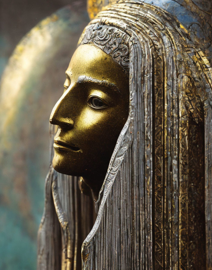 Ancient Egyptian sarcophagus: Golden face mask with intricate headdress