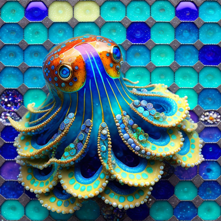 Colorful Octopus Artwork with Beads and Hexagonal Patterns