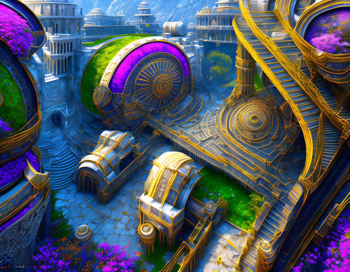 Futuristic cityscape with lush vegetation and golden architecture