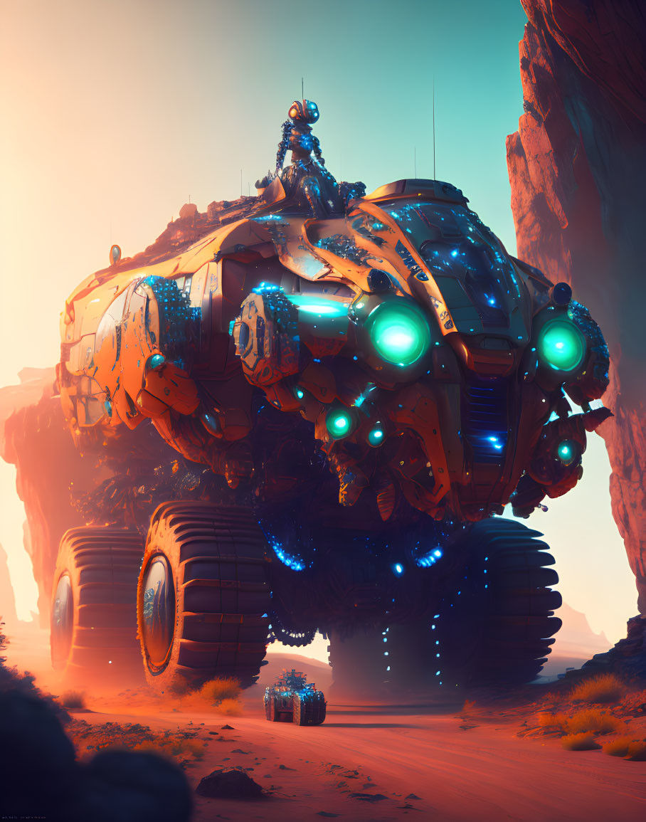 Futuristic large vehicle with blue lights on alien landscape