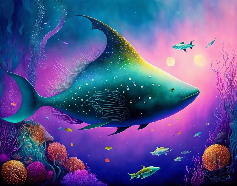 Colorful Oceanic Fish Illustration with Coral and Bubbles