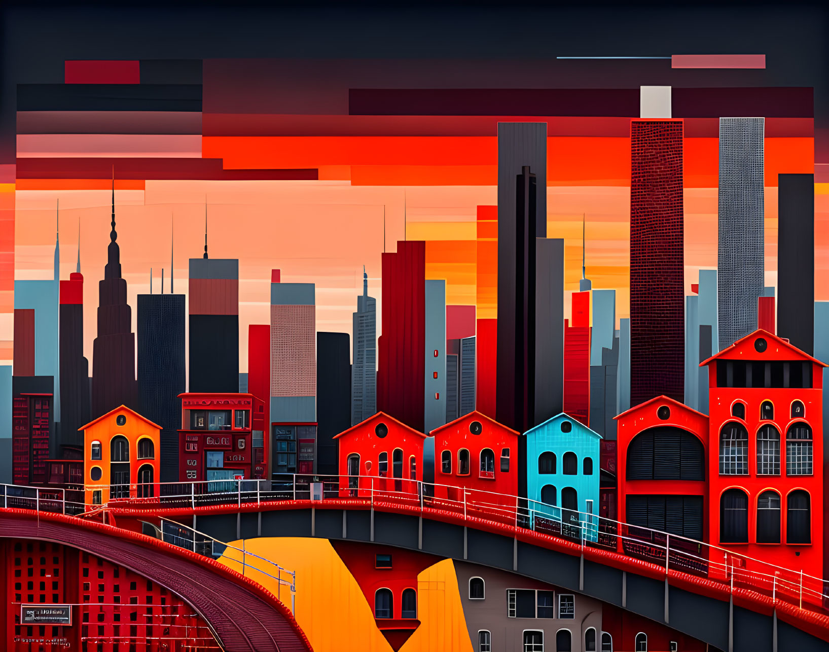 Vibrant cityscape sunset with skyscrapers and bridge