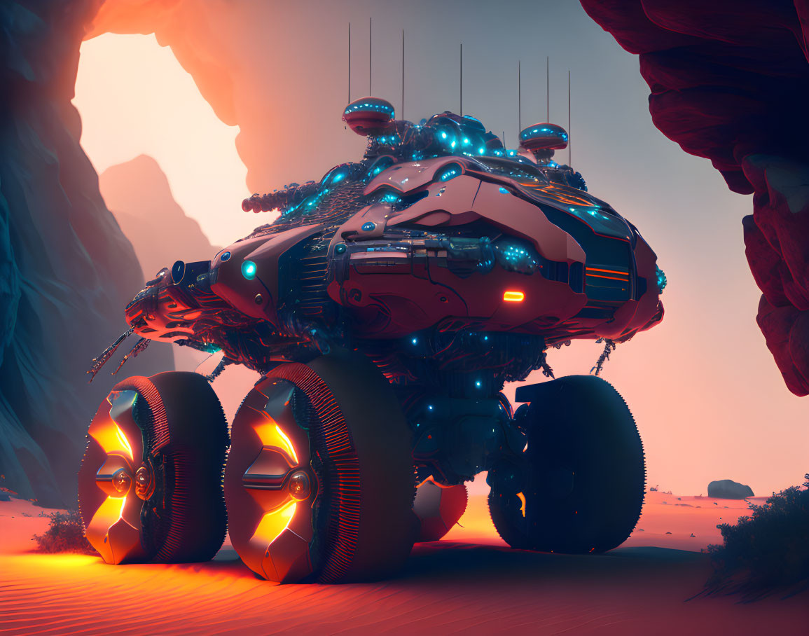 Futuristic vehicle with large illuminated wheels on alien planet