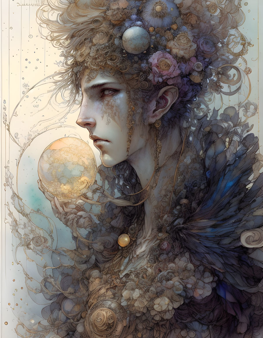 Fantastical figure with feathered wings and luminous orb in intricate illustration