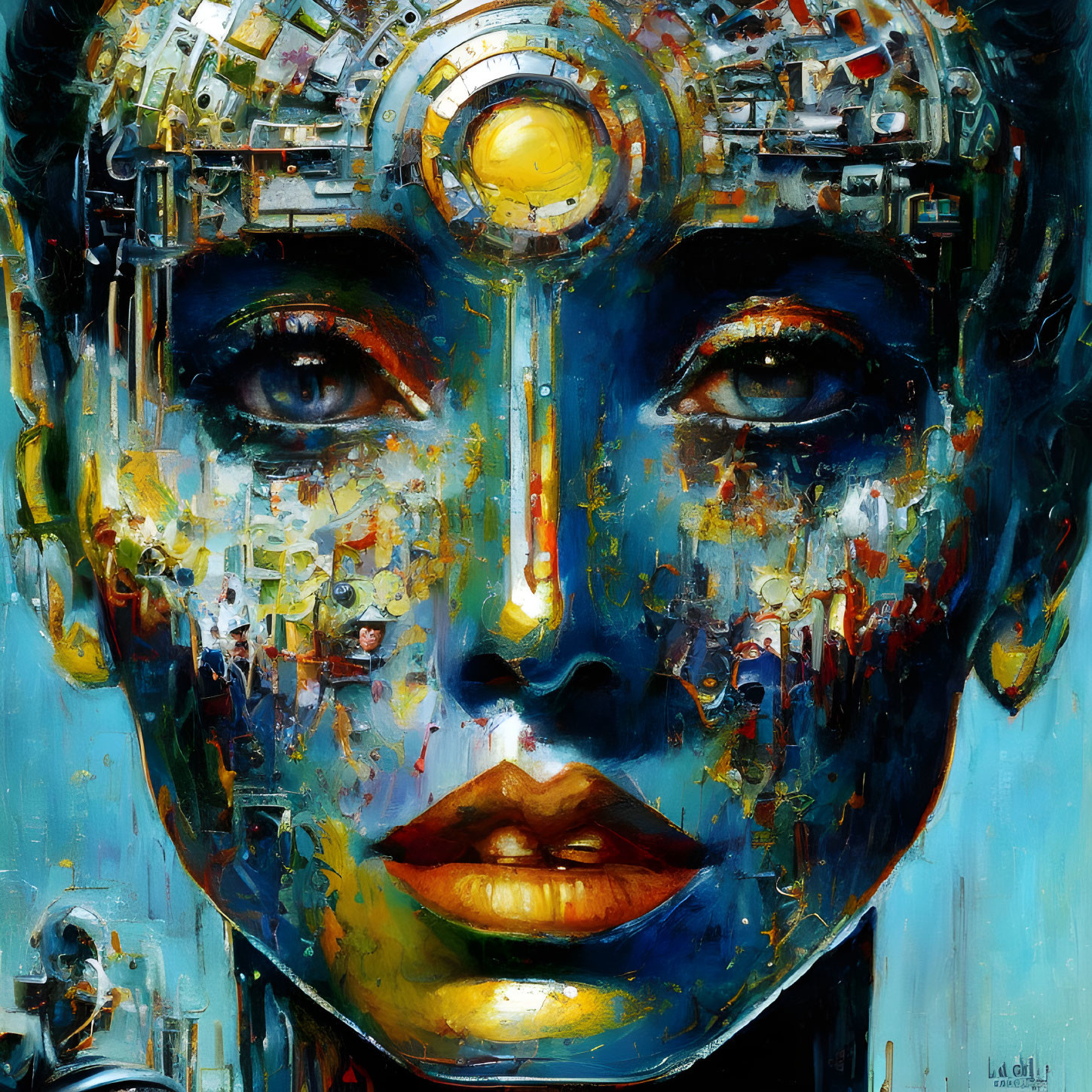 Colorful portrait of intricate robotic face with expressive eyes