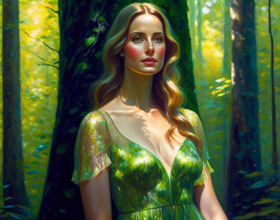 Blonde woman in green dress in sunlit forest