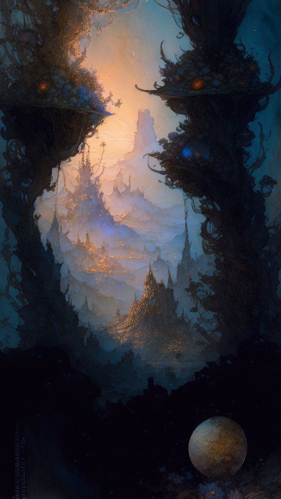 Vertical Fantasy Landscape with Glowing Planet and Ethereal Forest