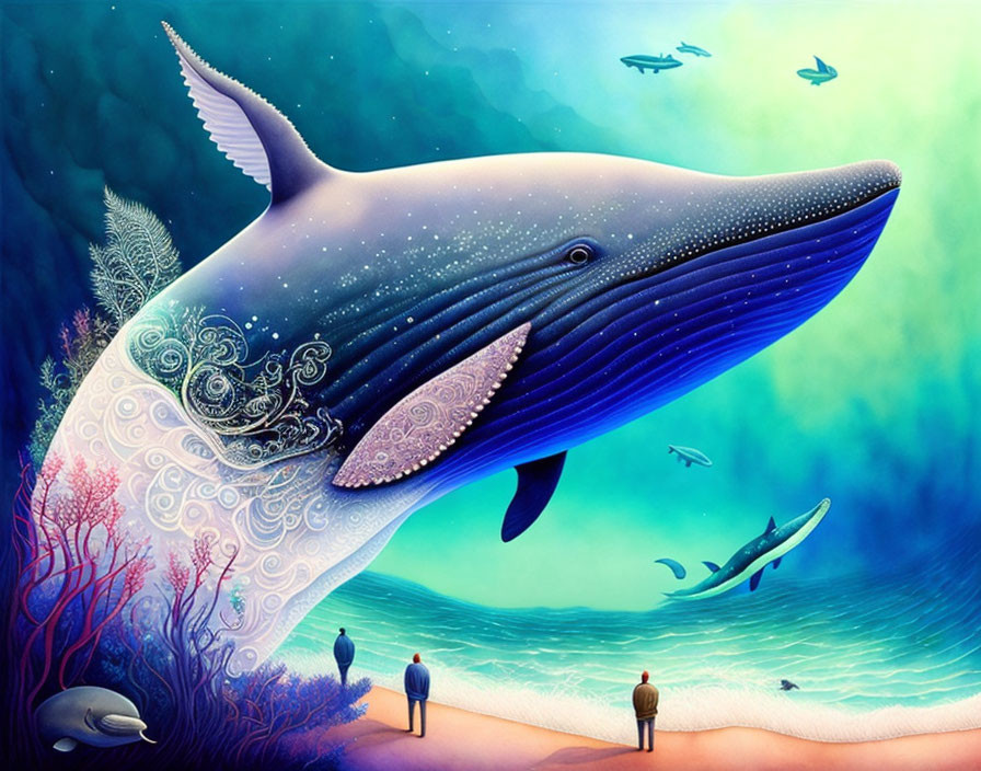 Colorful Whale Illustration with Fish and Onlookers in Ocean Bed