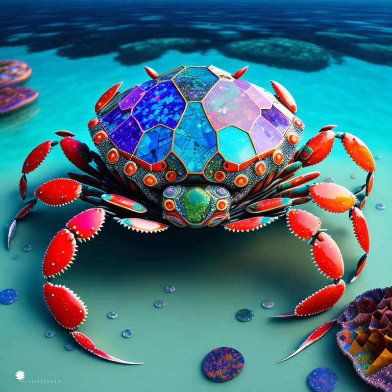 Colorful digital crab with mosaic shell on aqua ocean background