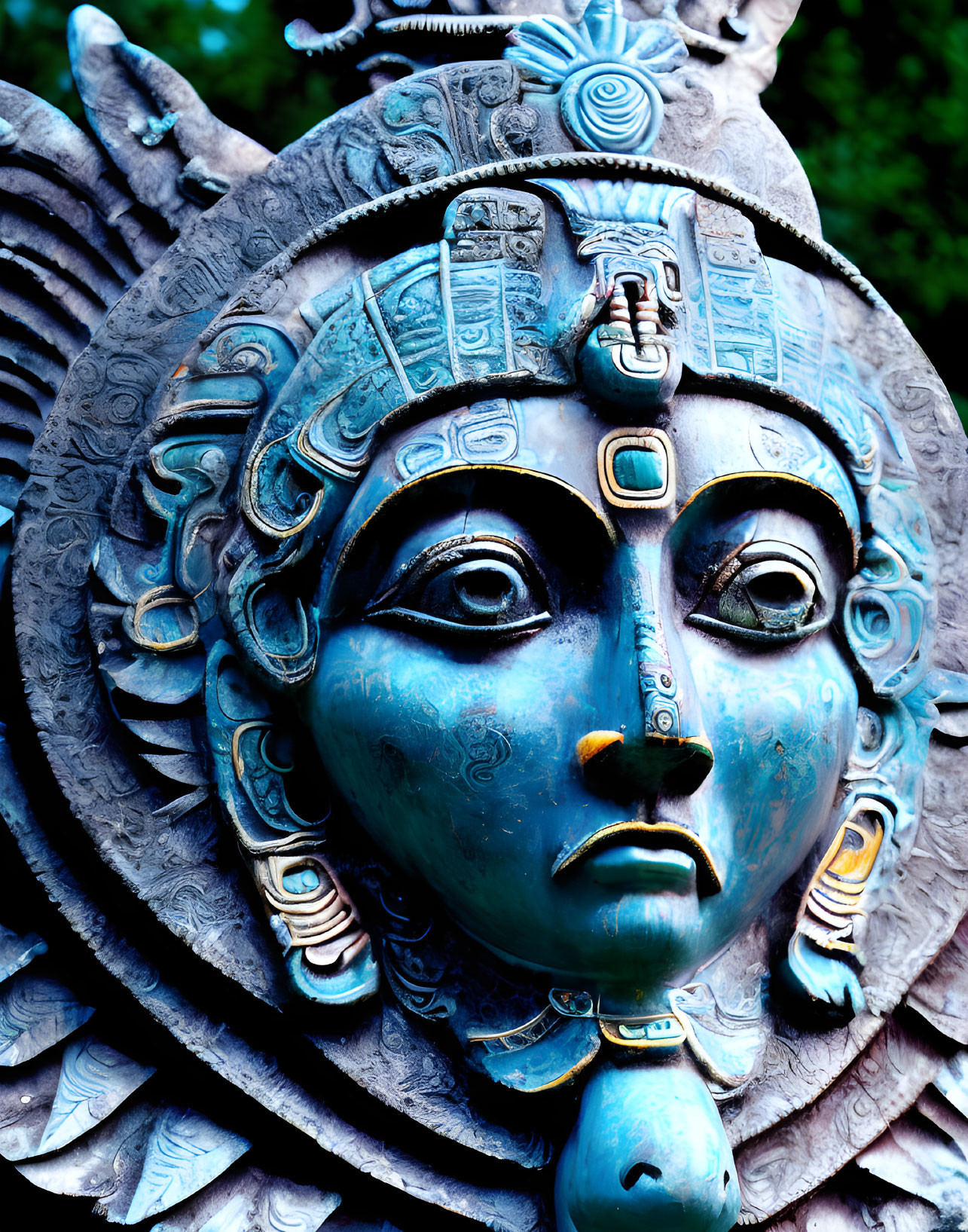 Intricate Blue Egyptian Deity Sculpture with Headdress & Jewelry