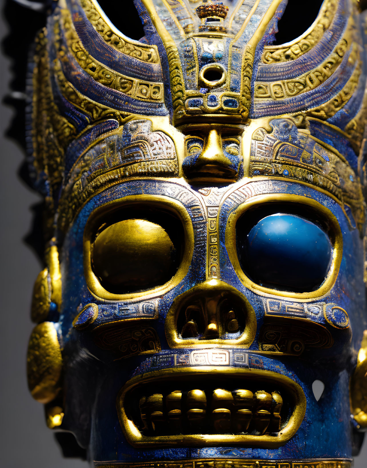 Intricate golden and blue mask depicting ancient deity.