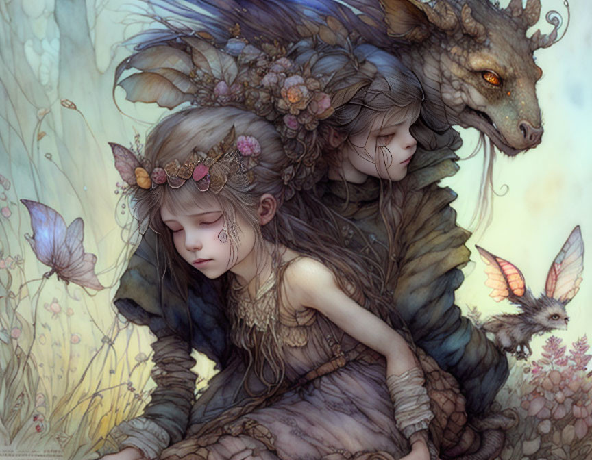 Young girl with floral crown embracing mythical wolf in serene setting