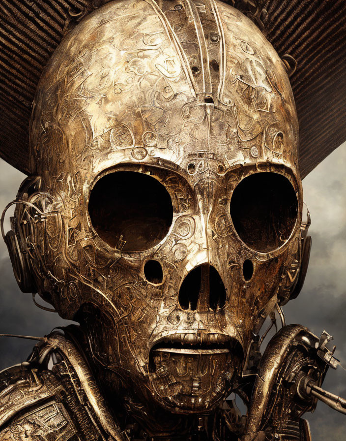 Detailed Robotic Skull Against Cloudy Sky Background